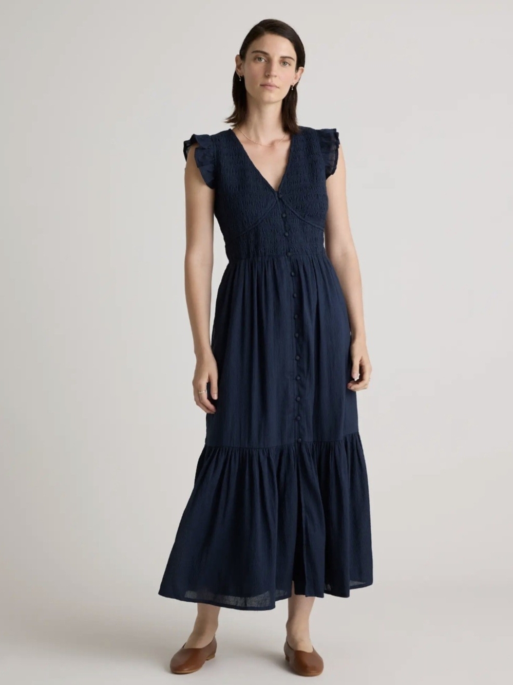 NWT Quince Organic Textured Cotton Smocked V-Neck Midi Dress XL